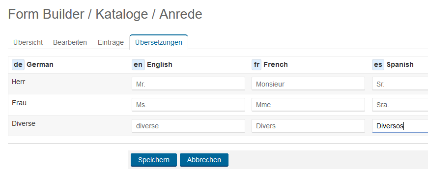 Form Builder Kataloge Übersetzungen