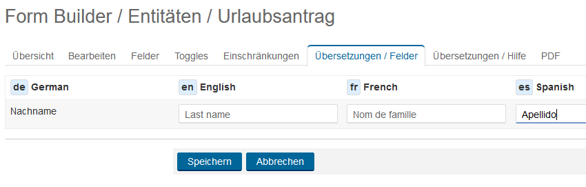 Form Builder Entitäten Übersetzungen