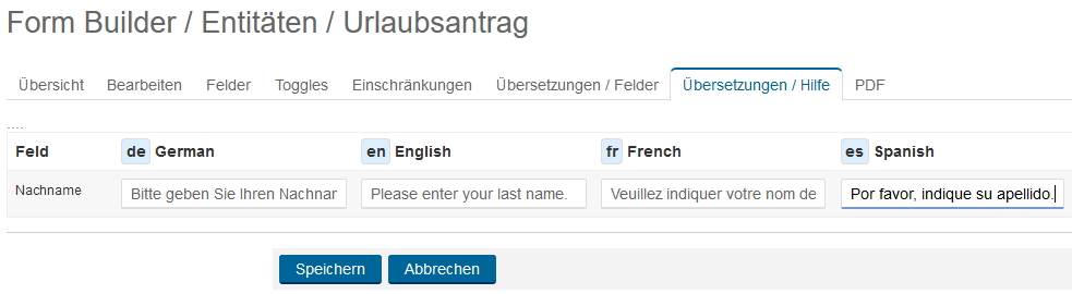 Form Builder Entitäten Übersetzungen Hilfe