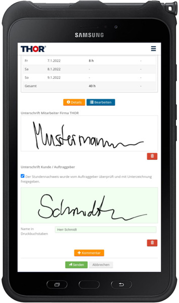 Showcase THOR Digitale Zeiterfassung Tablet Unterschrift