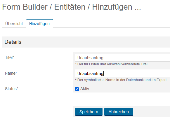 Form Builder Entitäten Hinzufügen